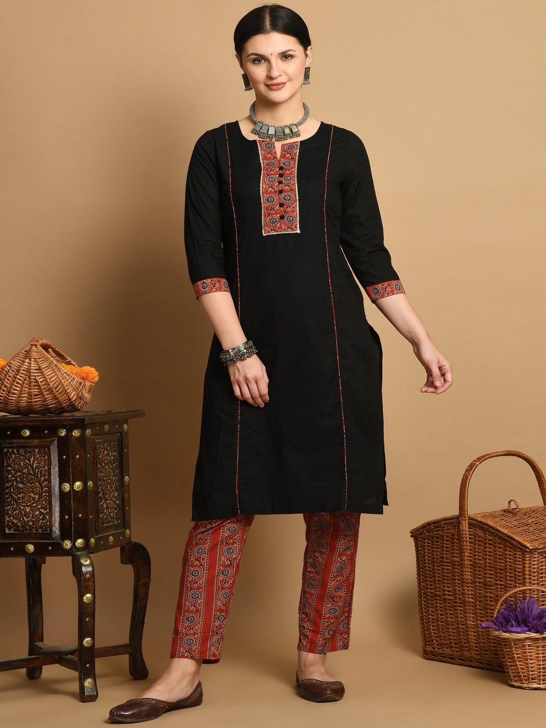 

KALINI Pure Cotton Straight Kurta With Trouser, Black