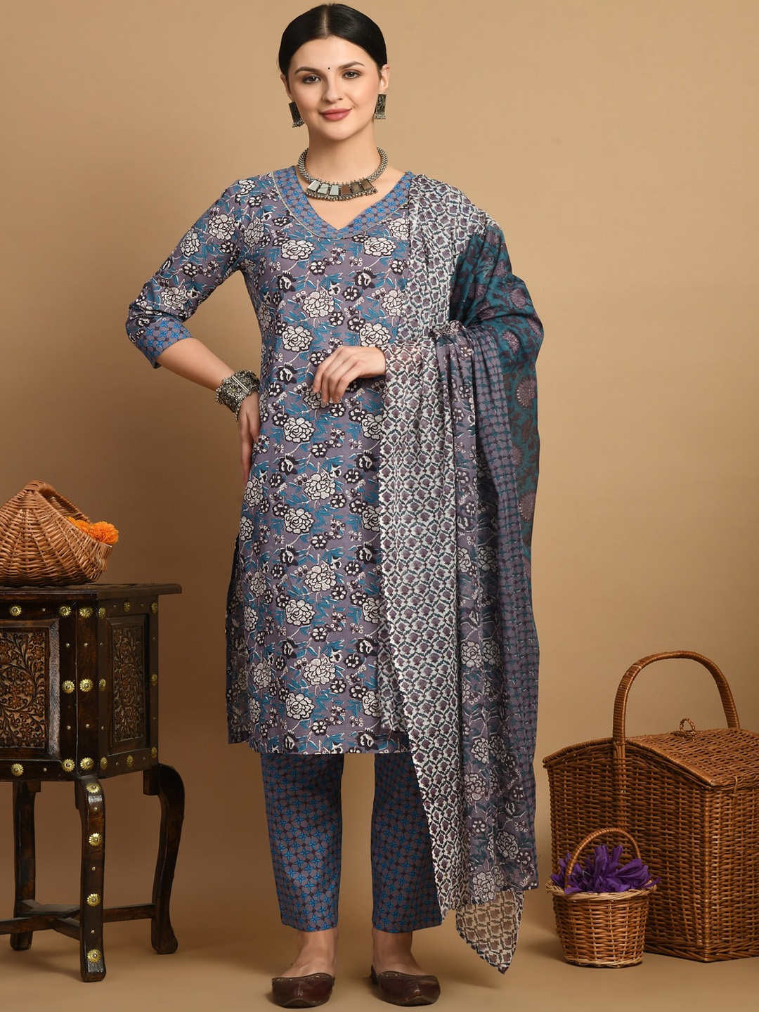 

KALINI Floral Printed V-Neck Pure Cotton Straight Kurta With Trousers & Dupatta, Grey