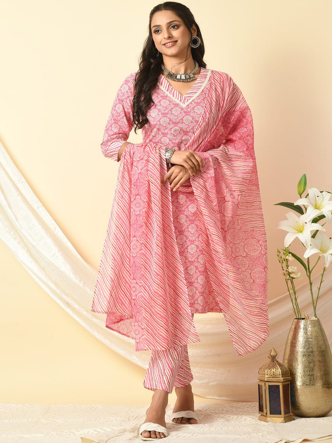 

KALINI Floral Printed Regular Pure Cotton Kurta with Trousers & Dupatta, Pink