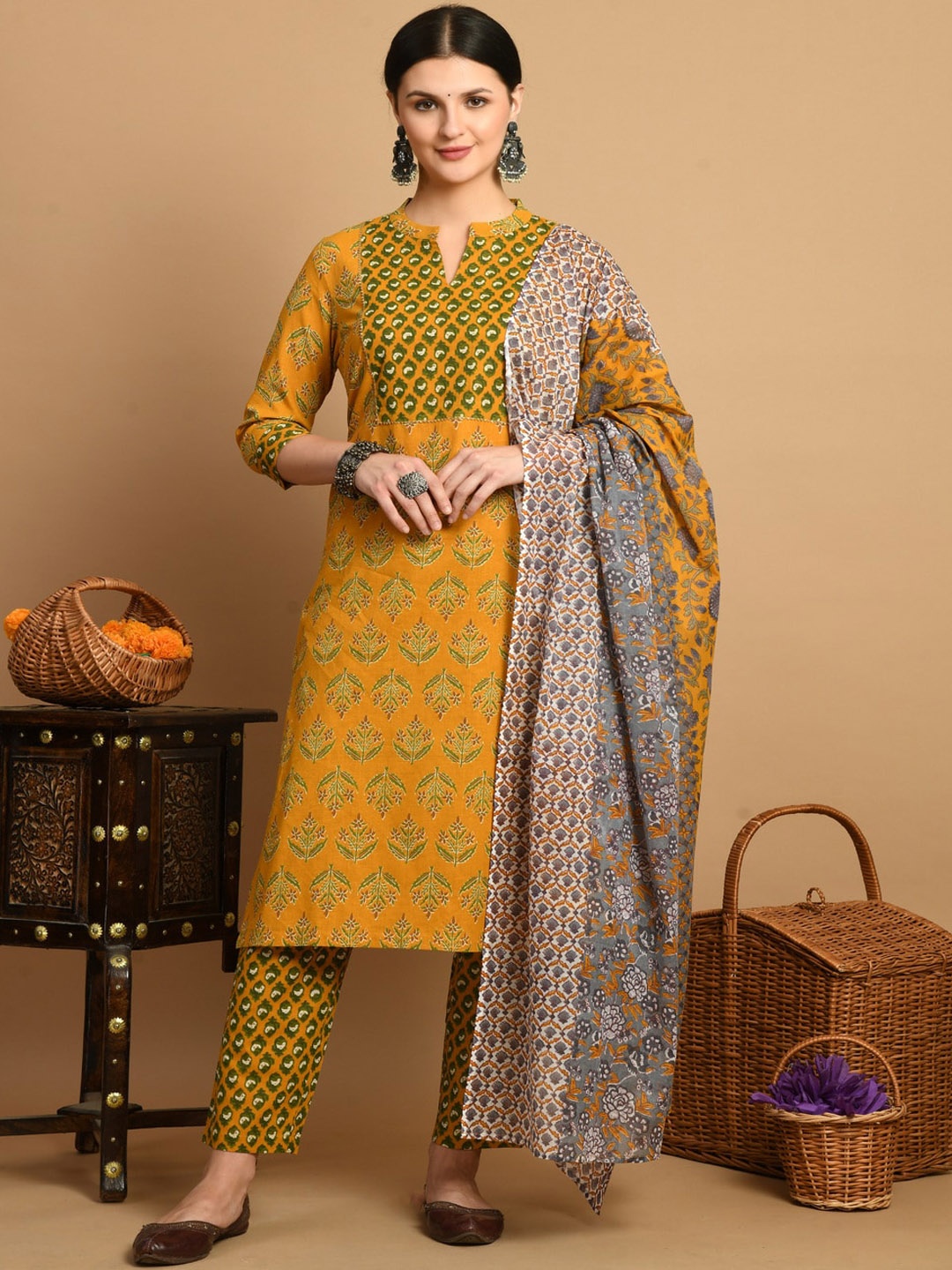 

KALINI Floral Printed Gotta Patti Pure Cotton Straight Kurta With Trousers & Dupatta, Mustard