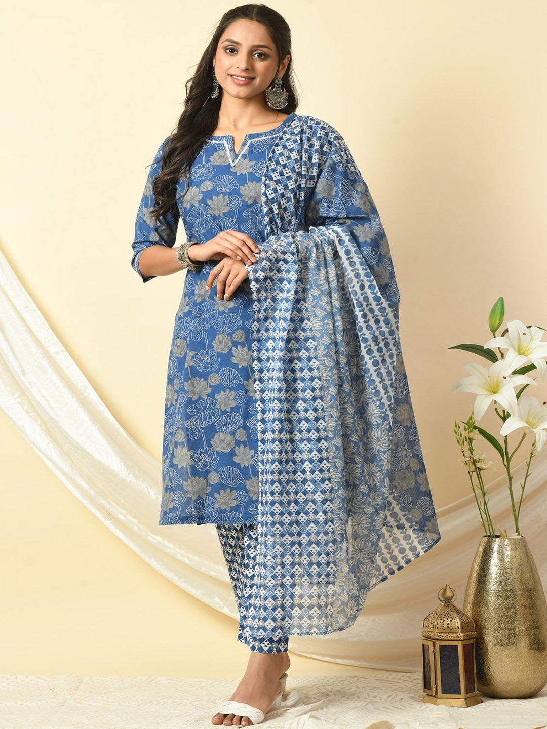 

KALINI Floral Printed Regular Pure Cotton Kurta with Trousers & With Dupatta, Blue