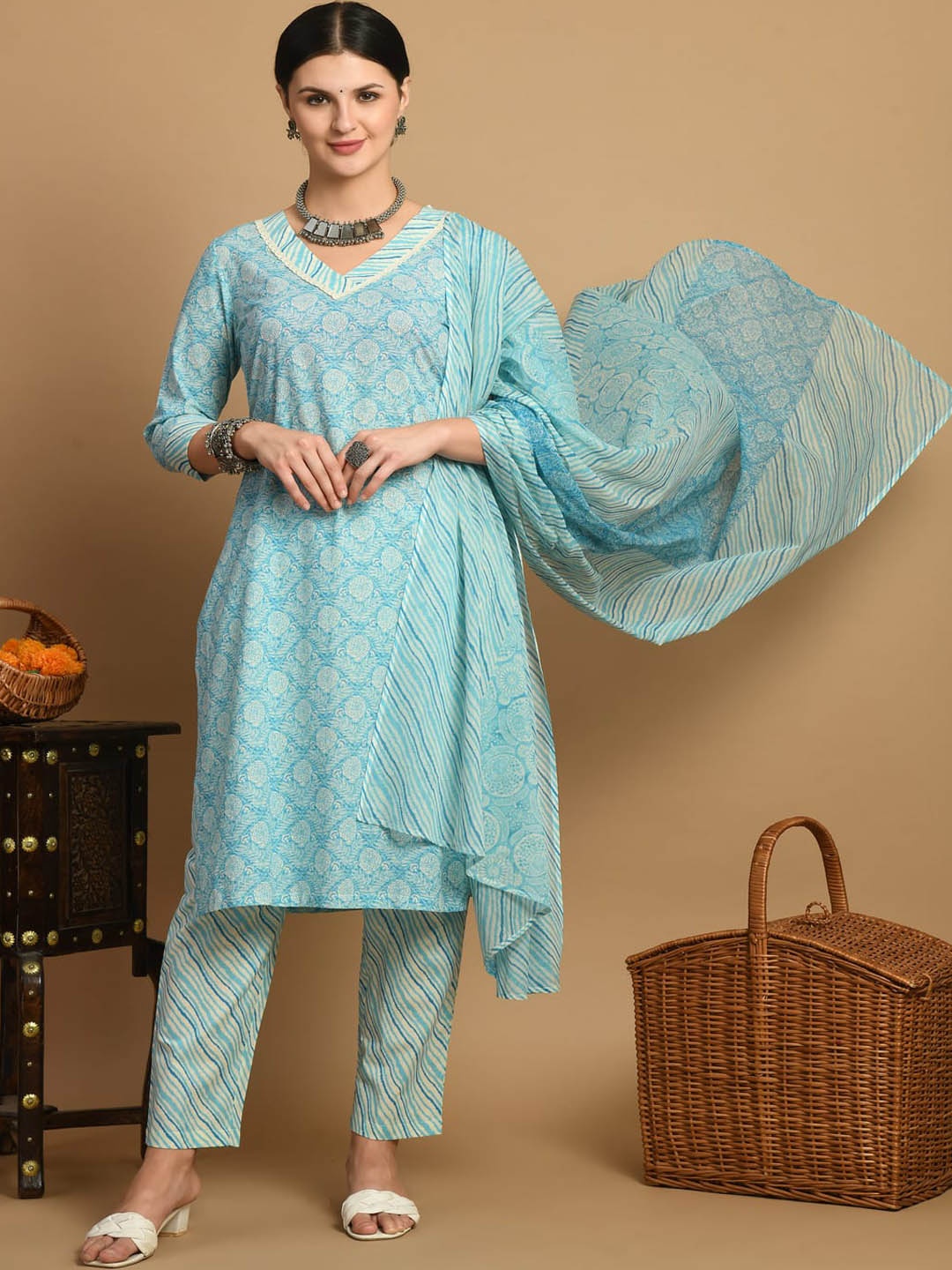 

KALINI Floral Printed Regular Pure Cotton Kurta With Trousers & Dupatta, Blue