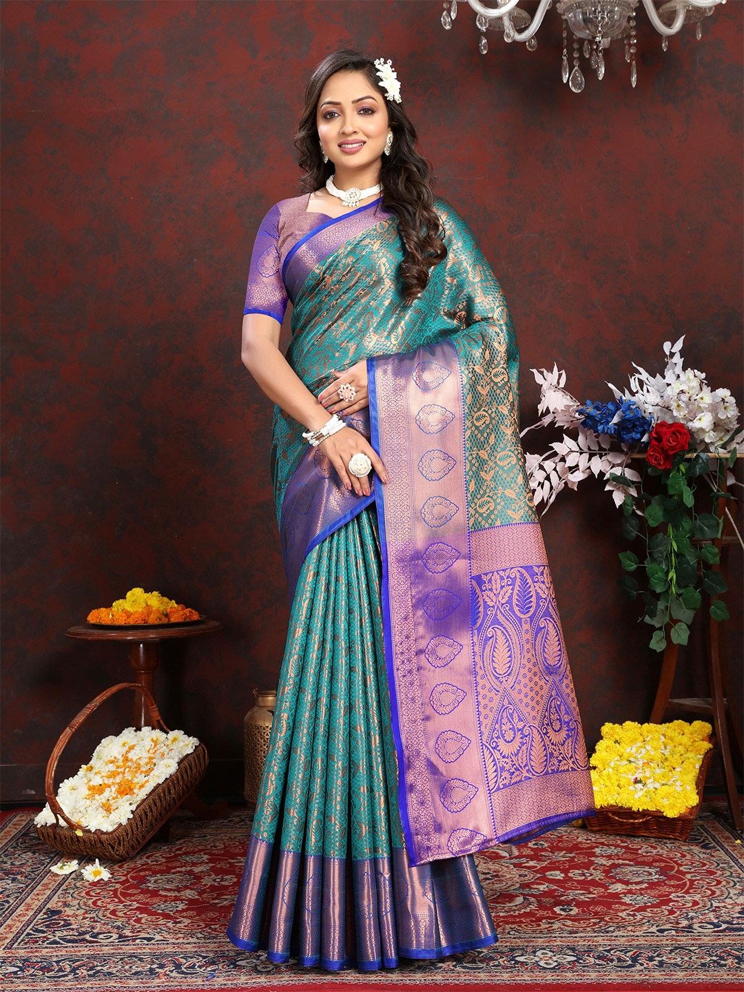 

ALAGINI Paisley Woven Design Zari Banarasi Saree, Teal