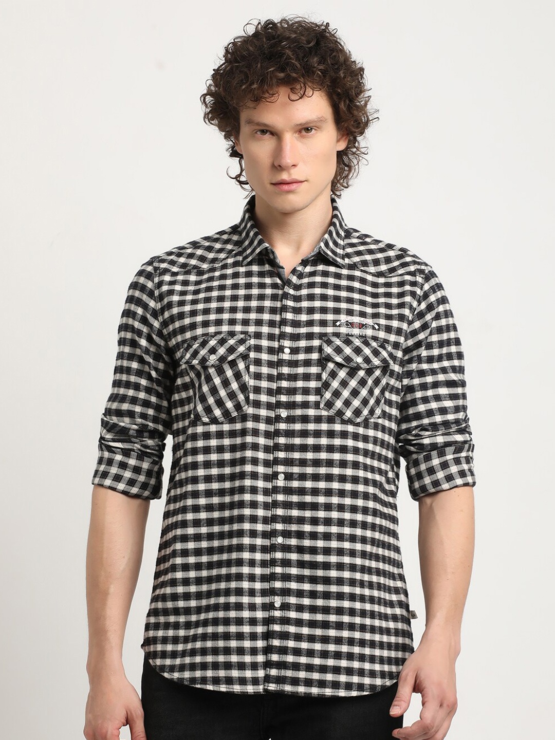 

URBARO Gingham Checks Checked Smart Slim Fit Cotton Casual Shirt, Black