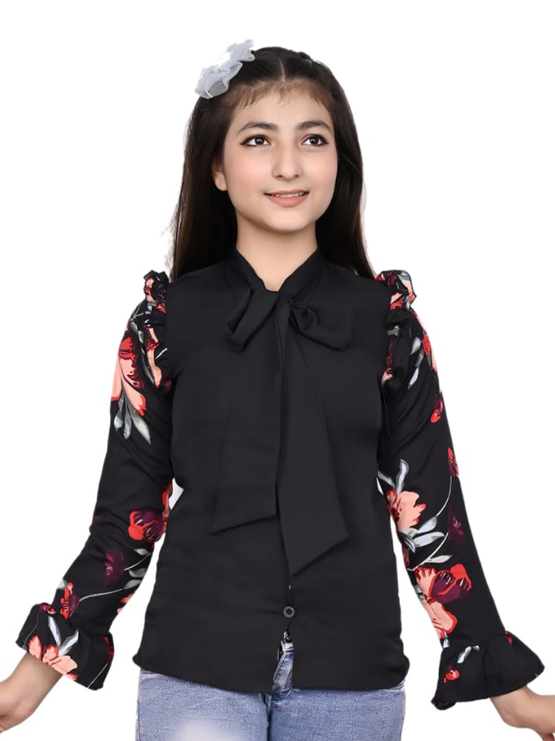 

FELLAMO Girls Floral Printed Tie-Up Neck Shirt Style Top, Black