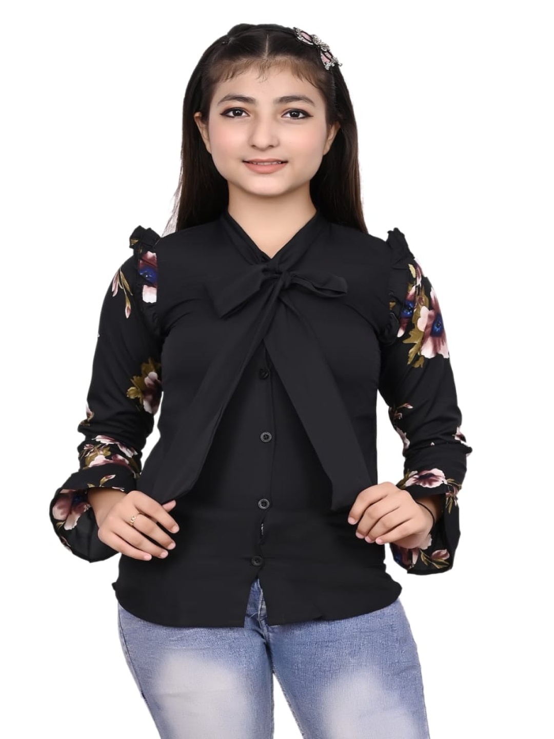 

FELLAMO Girls Floral Printed Tie-Up Neck Shirt Style Top, Brown