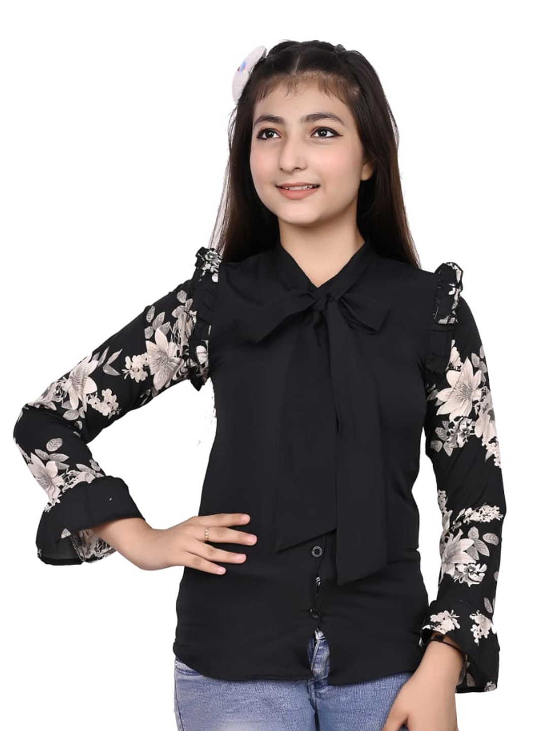 

FELLAMO Girls Floral Printed Tie-Up Neck Shirt Style Top, Black