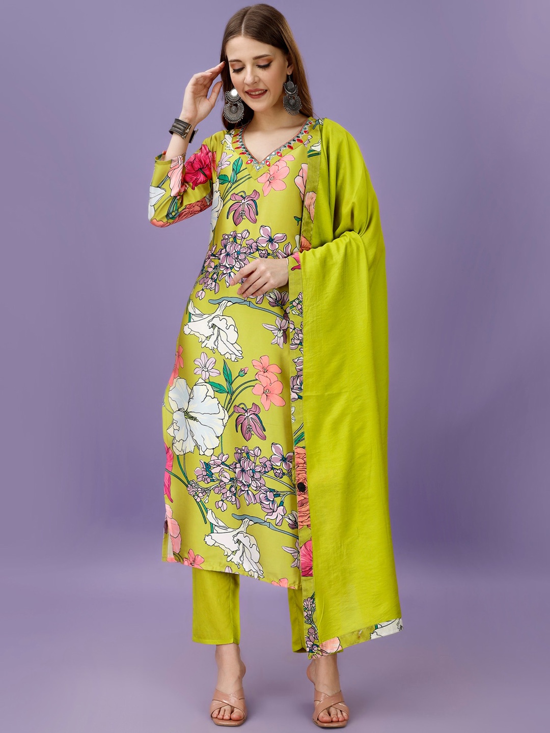 

KALINI Floral Printed Regular Mirror Work Straight Kurta With Trousers & Dupatta, Lime green