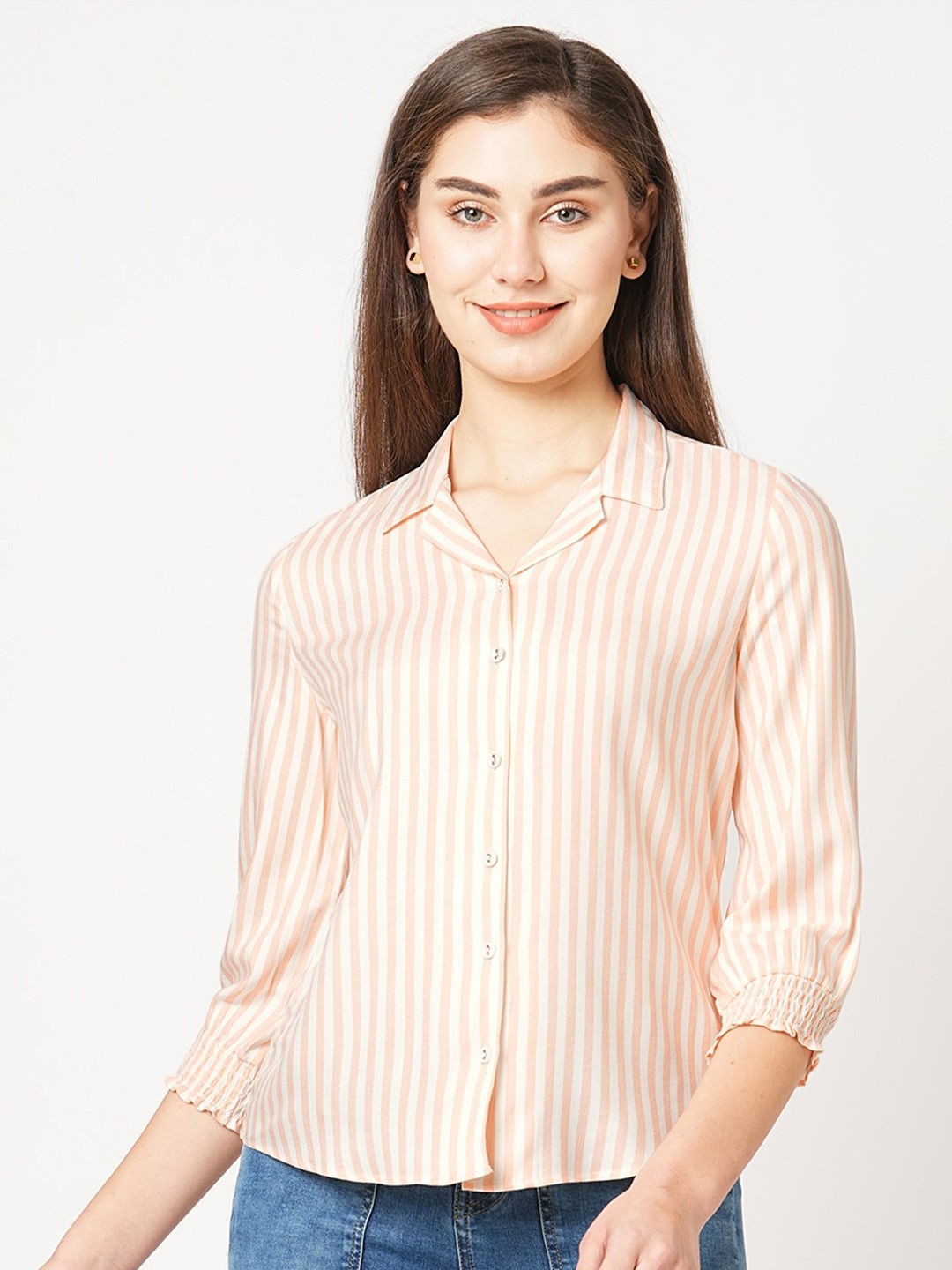 

Kraus Jeans Striped Spread Collar Slim Fit Casual Shirt, Peach