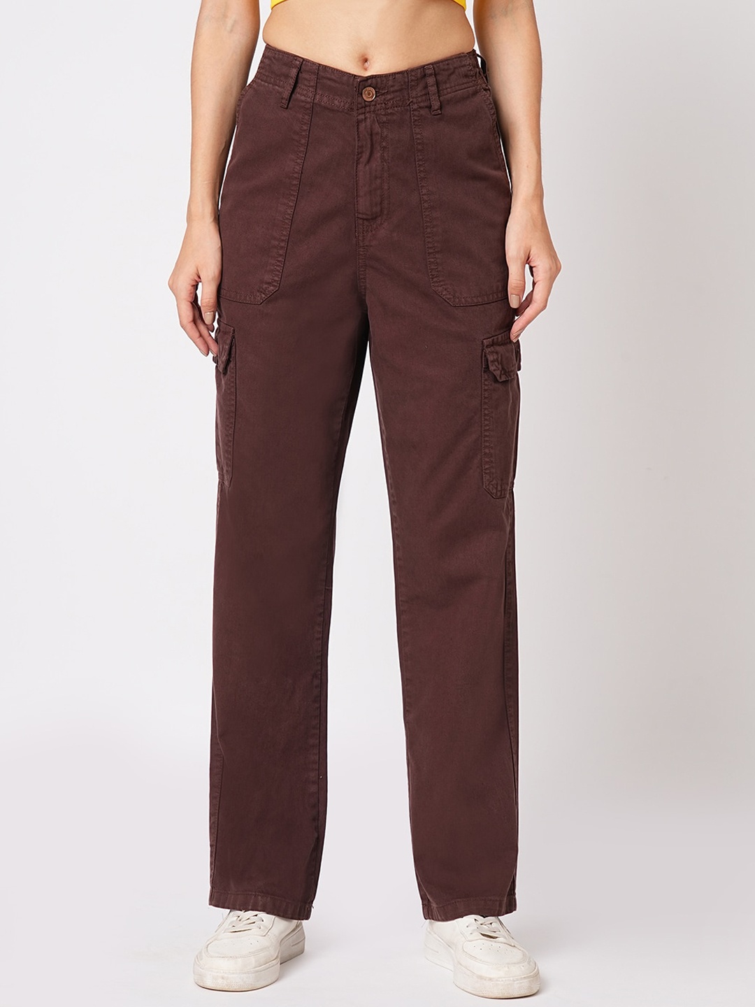 

Kraus Jeans Women Loose Fit High-Rise Cargos Trousers, Brown