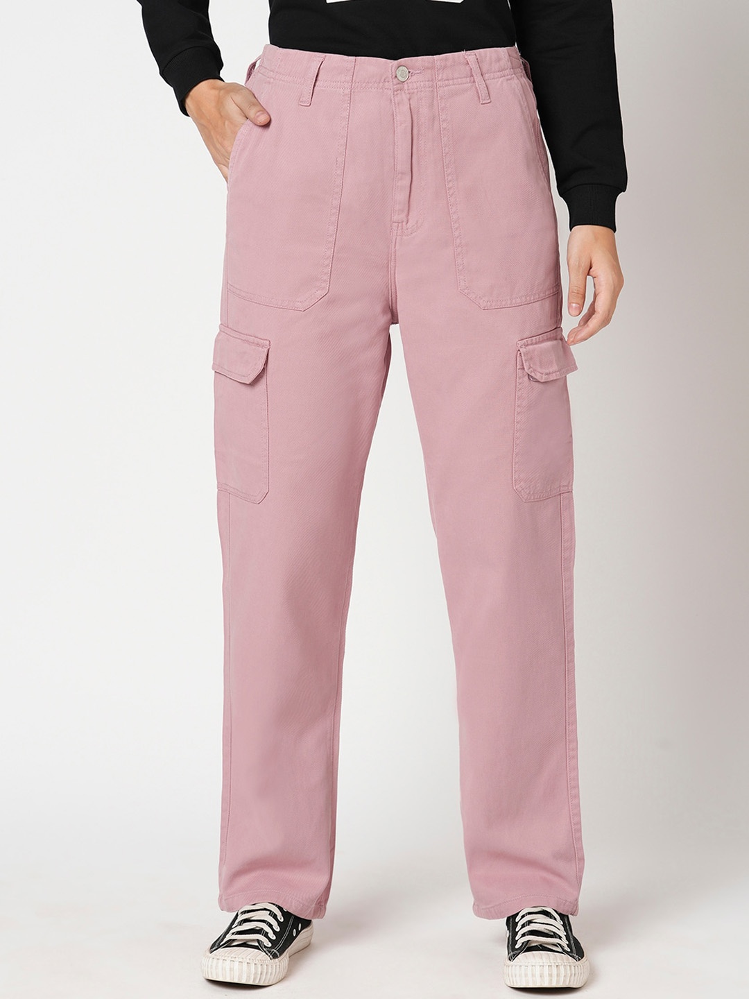 

Kraus Jeans Women Loose Fit High-Rise Cargos Trousers, Pink