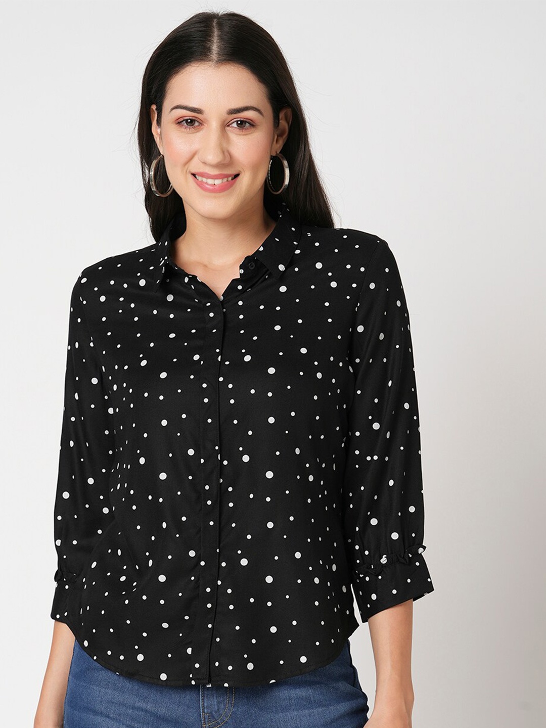 

Kraus Jeans Slim Fit Polka Dot Printed Casual Shirt, Black