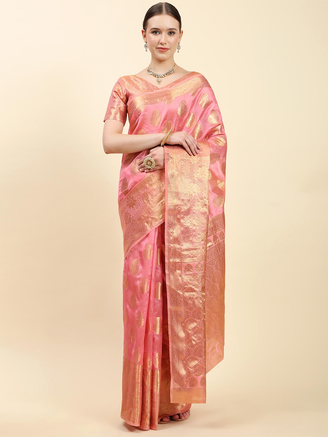 

ALAGINI Paisley Zari Banarasi Saree, Pink