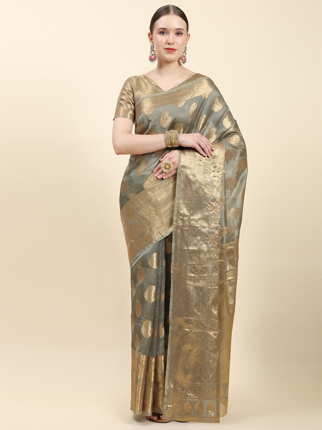 

ALAGINI Ethnic Motifs Woven Design Zari Banarasi Saree, Grey