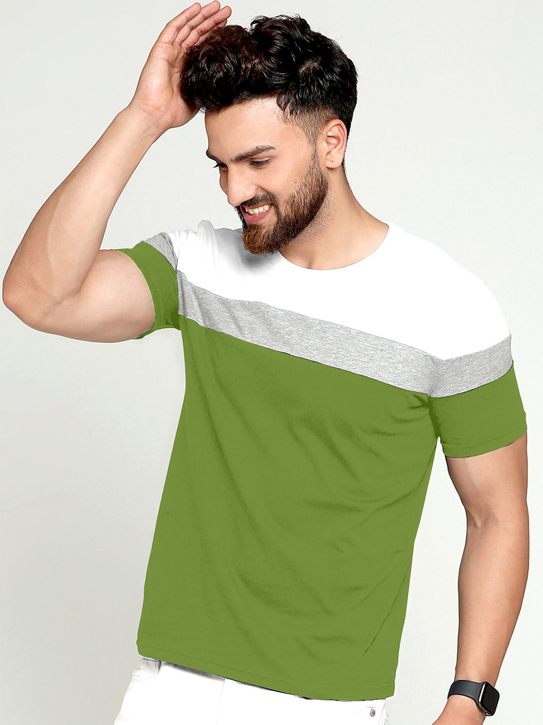 

AUSK Colourblocked Cotton Round Neck Short Sleeves Pockets Casual T-shirt, Green
