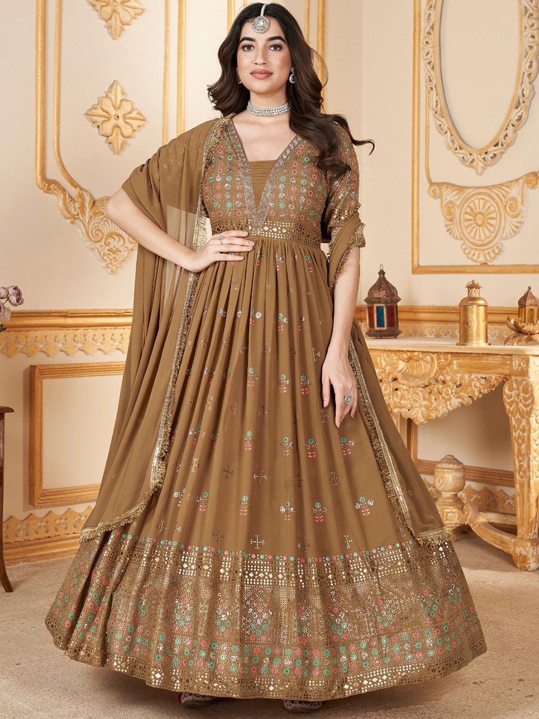 

ODETTE Ethnic Motifs Embroidered Sequinned Anarkali Kurta With Dupatta, Mustard