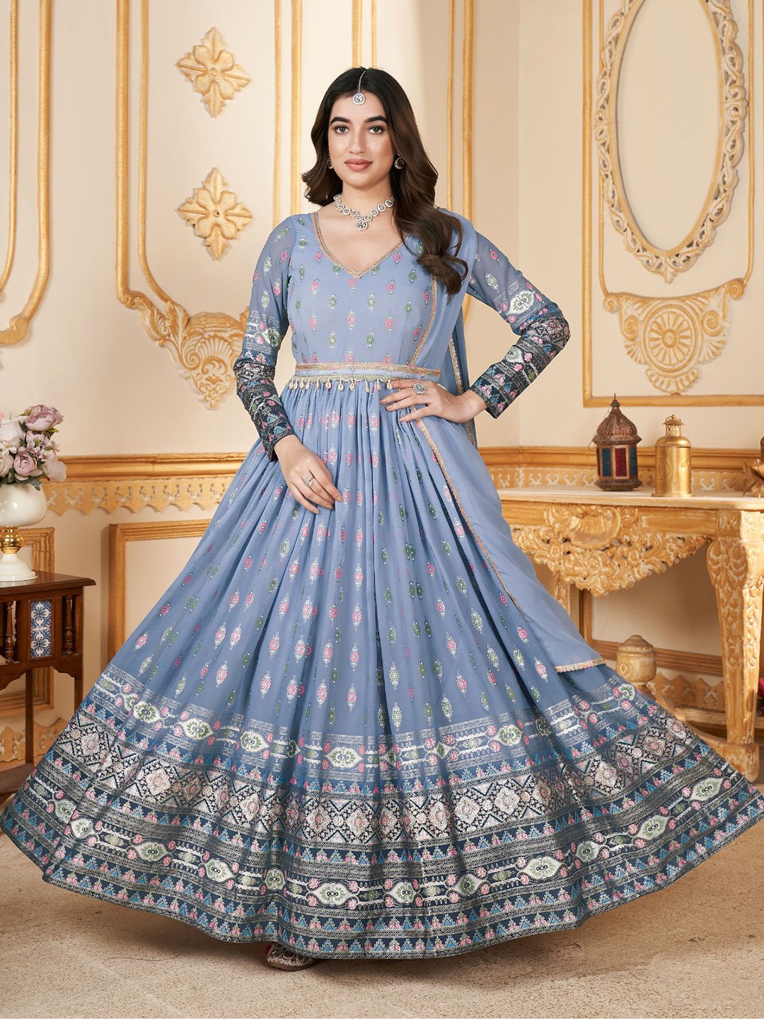

ODETTE Ethnic Motifs Printed Anarkali Kurta With Dupatta, Blue