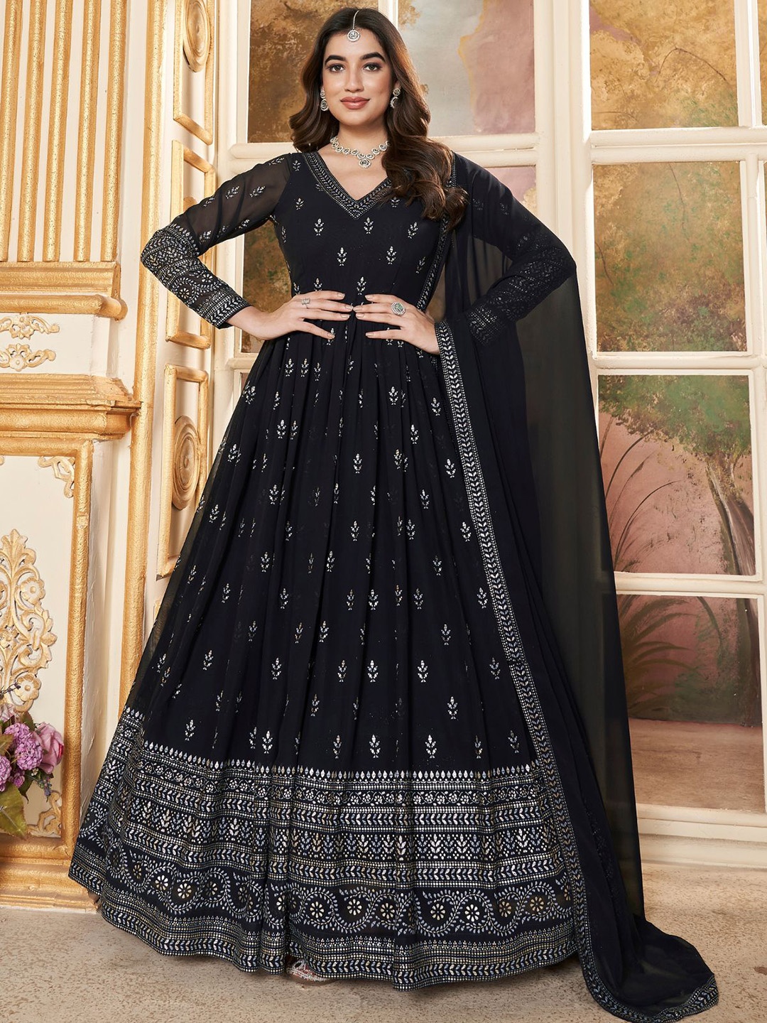 

ODETTE Ethnic Motifs Embroidered Anarkali Kurta With Dupatta, Black