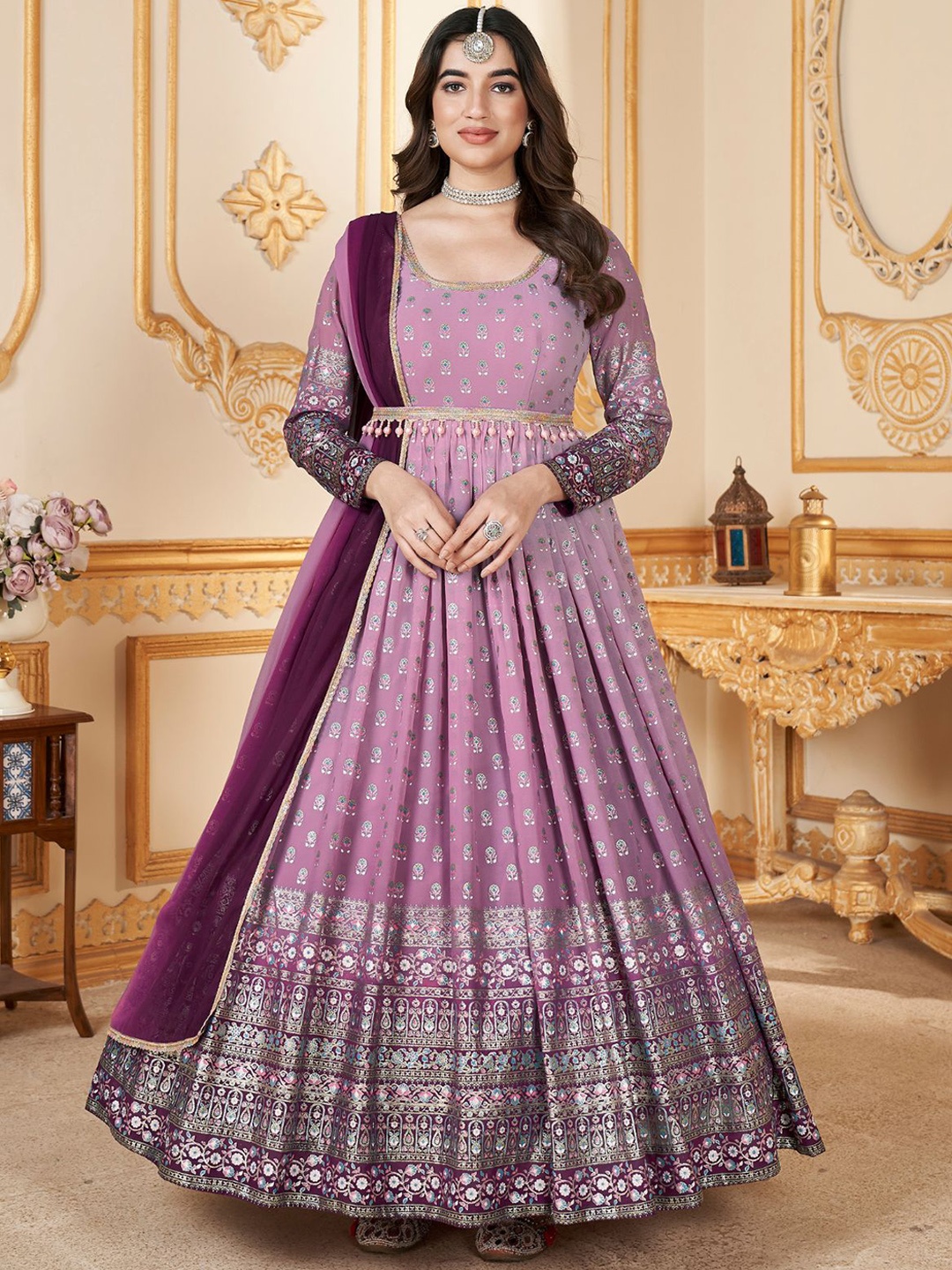 

ODETTE Ethnic Motifs Printed Sequinned Anarkali Kurta With Dupatta, Lavender