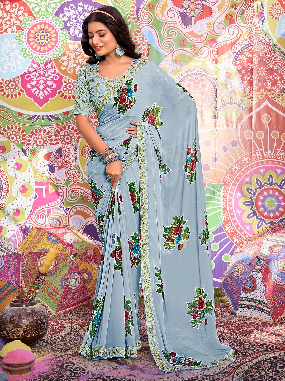 

Mitera Floral Pure Georgette Ikat Saree, Grey