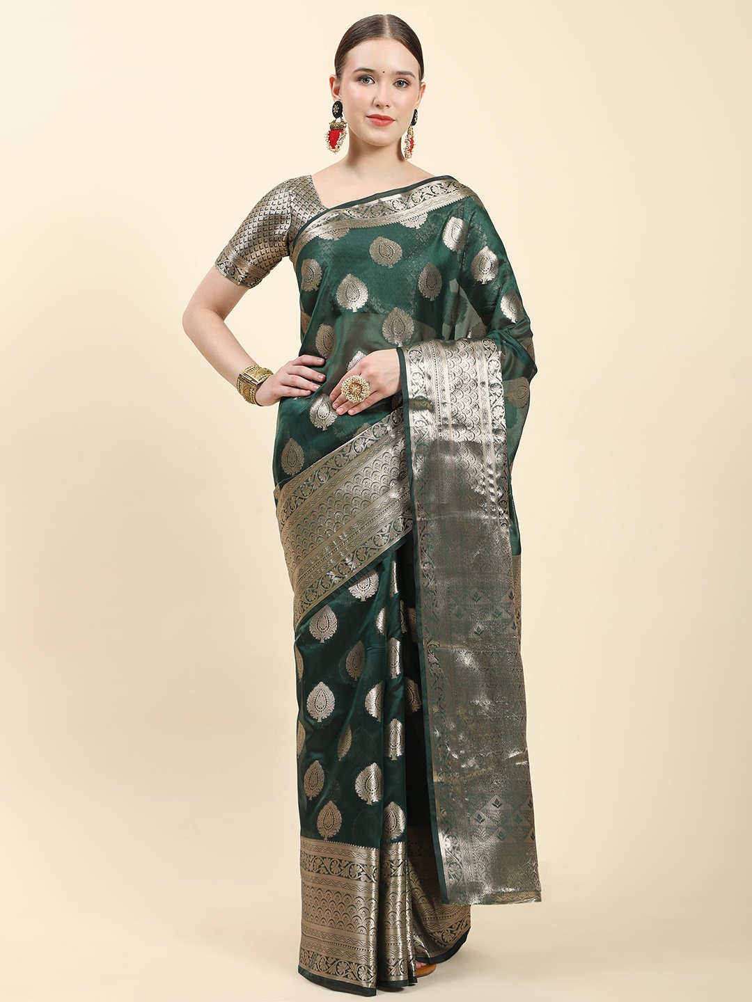 

ALAGINI Ethnic Motifs Woven Design Zari Banarasi Saree, Green