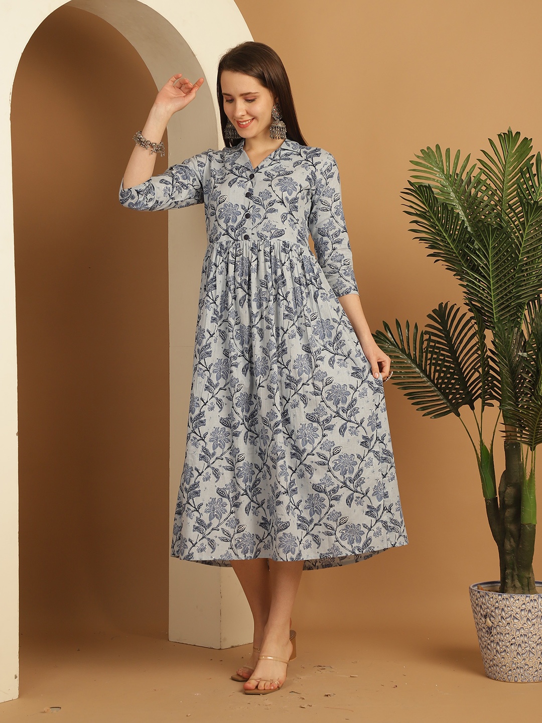 

Rajnandini Floral Printed Pure Cotton A-Line Midi Dress, Blue