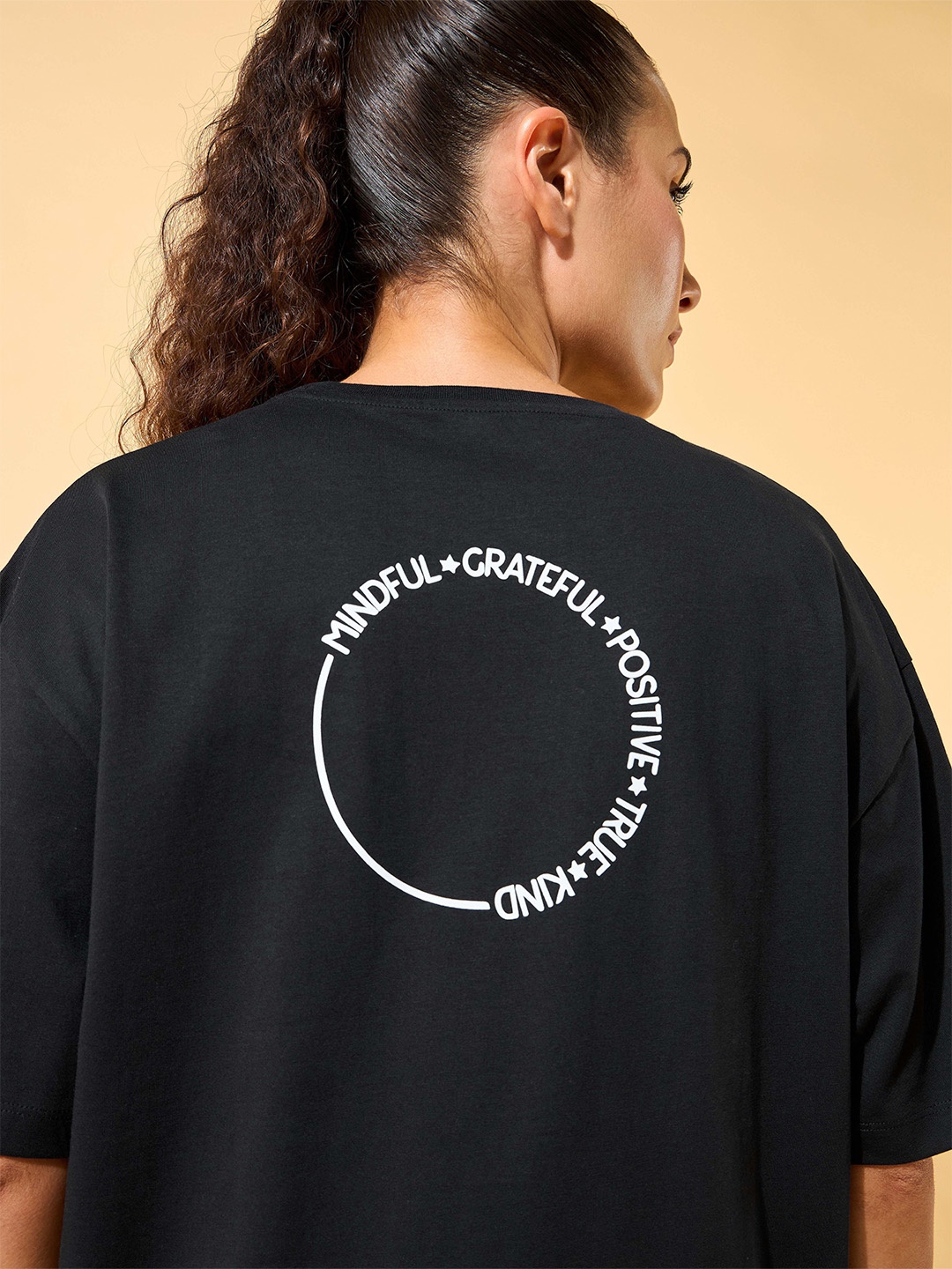 CULT Circle Of Positive Printed Pure Cotton Oversized T-Shirt, Black