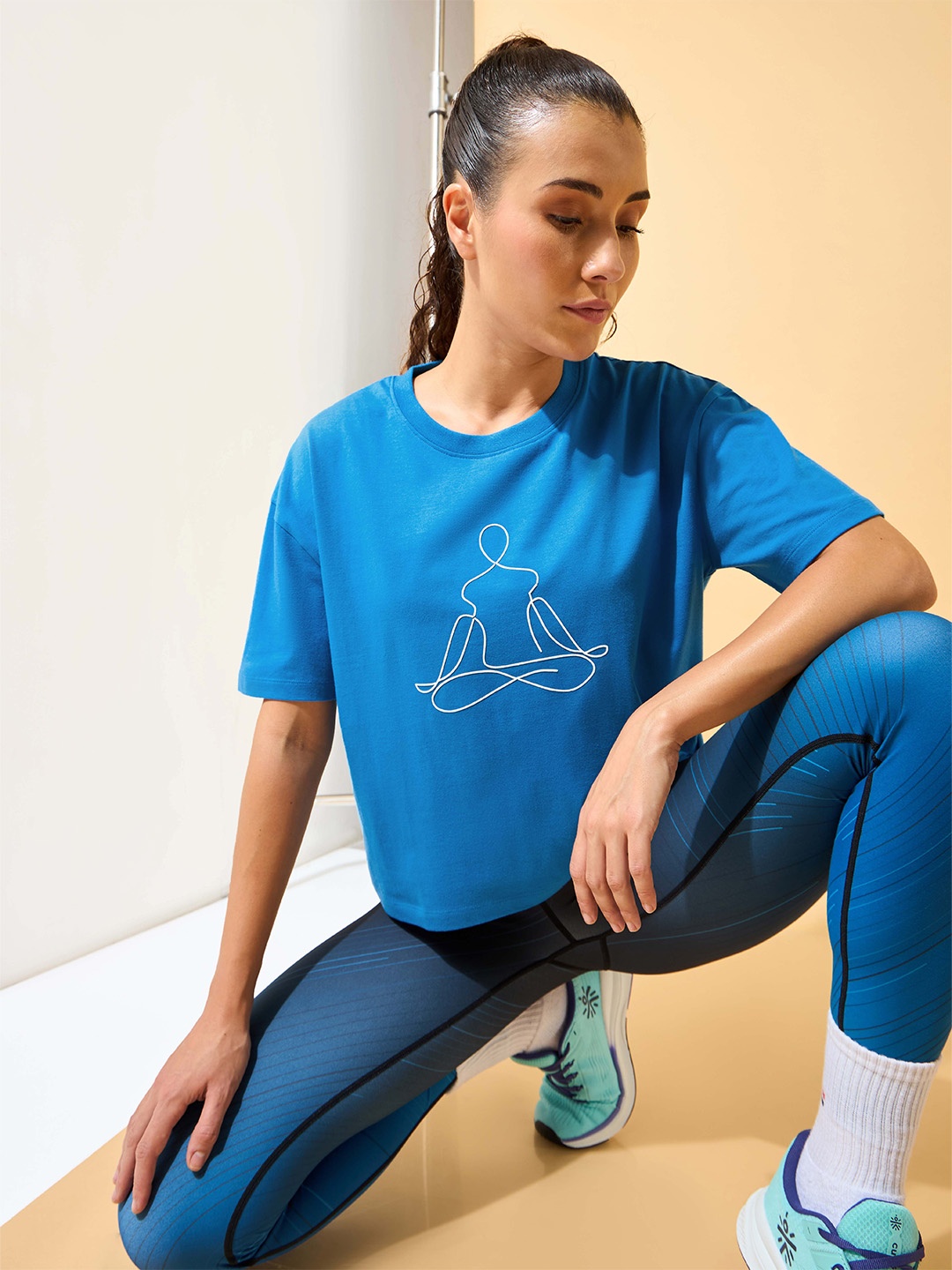 

CULT Round Neck Printed Cotton Boxy-Fit Cropped T-Shirt, Blue