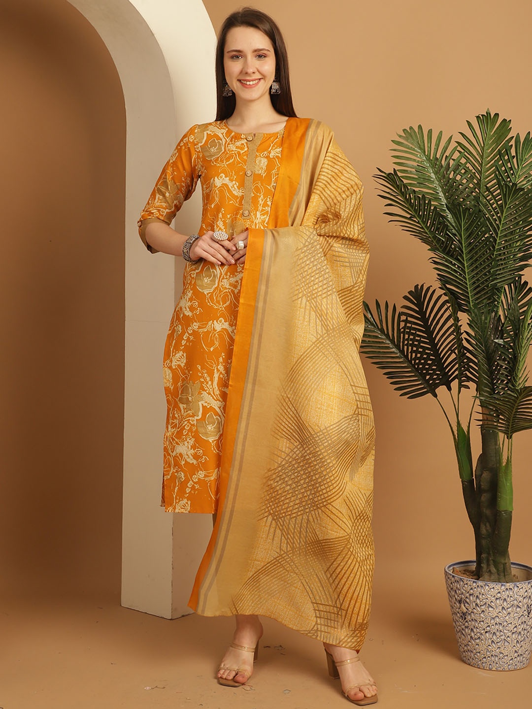 

Rajnandini Floral Printed Regular Kurta with Trousers & With Dupatta, Mustard