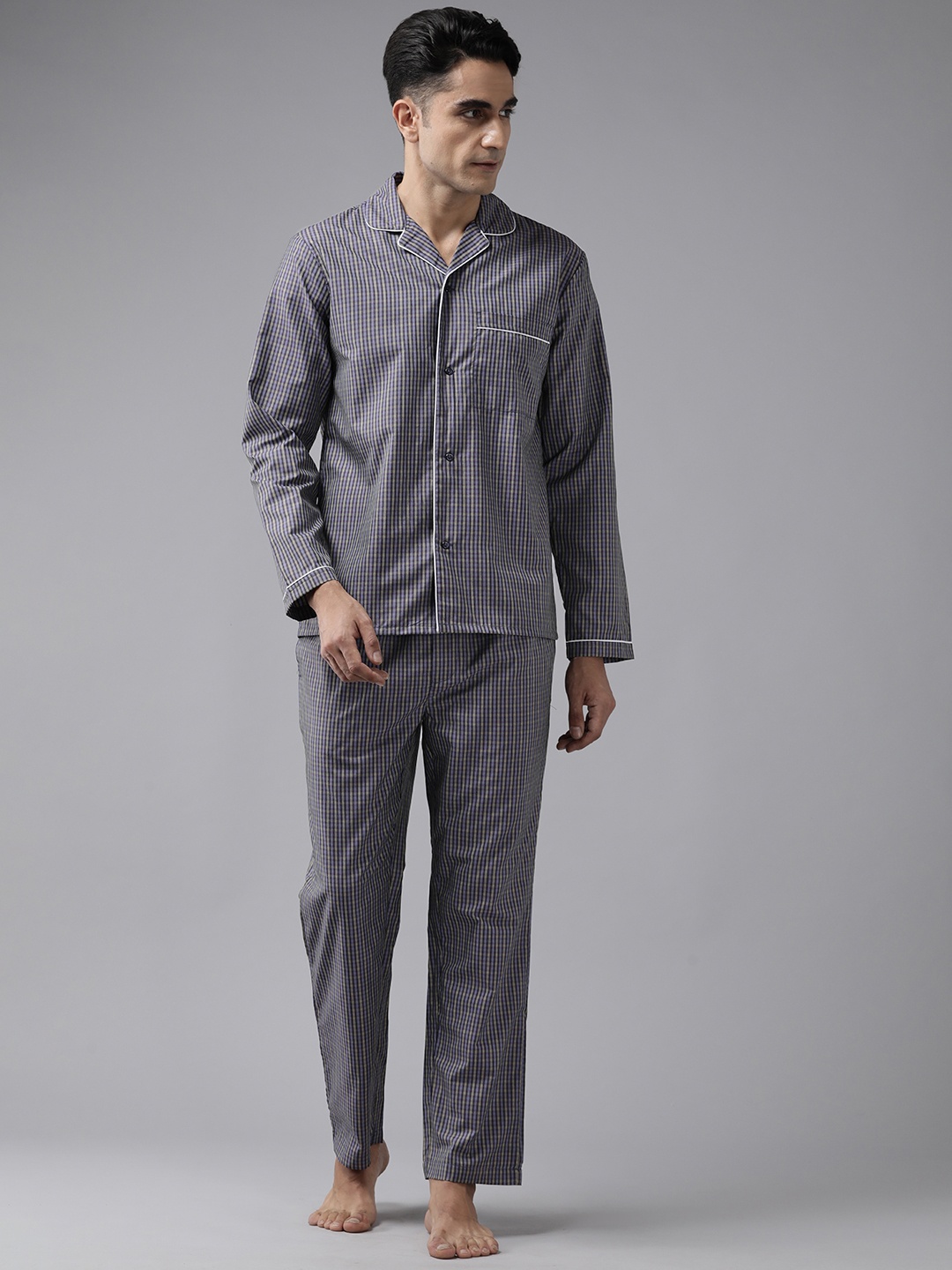 

English Navy Men Checked Night Suit, Navy blue
