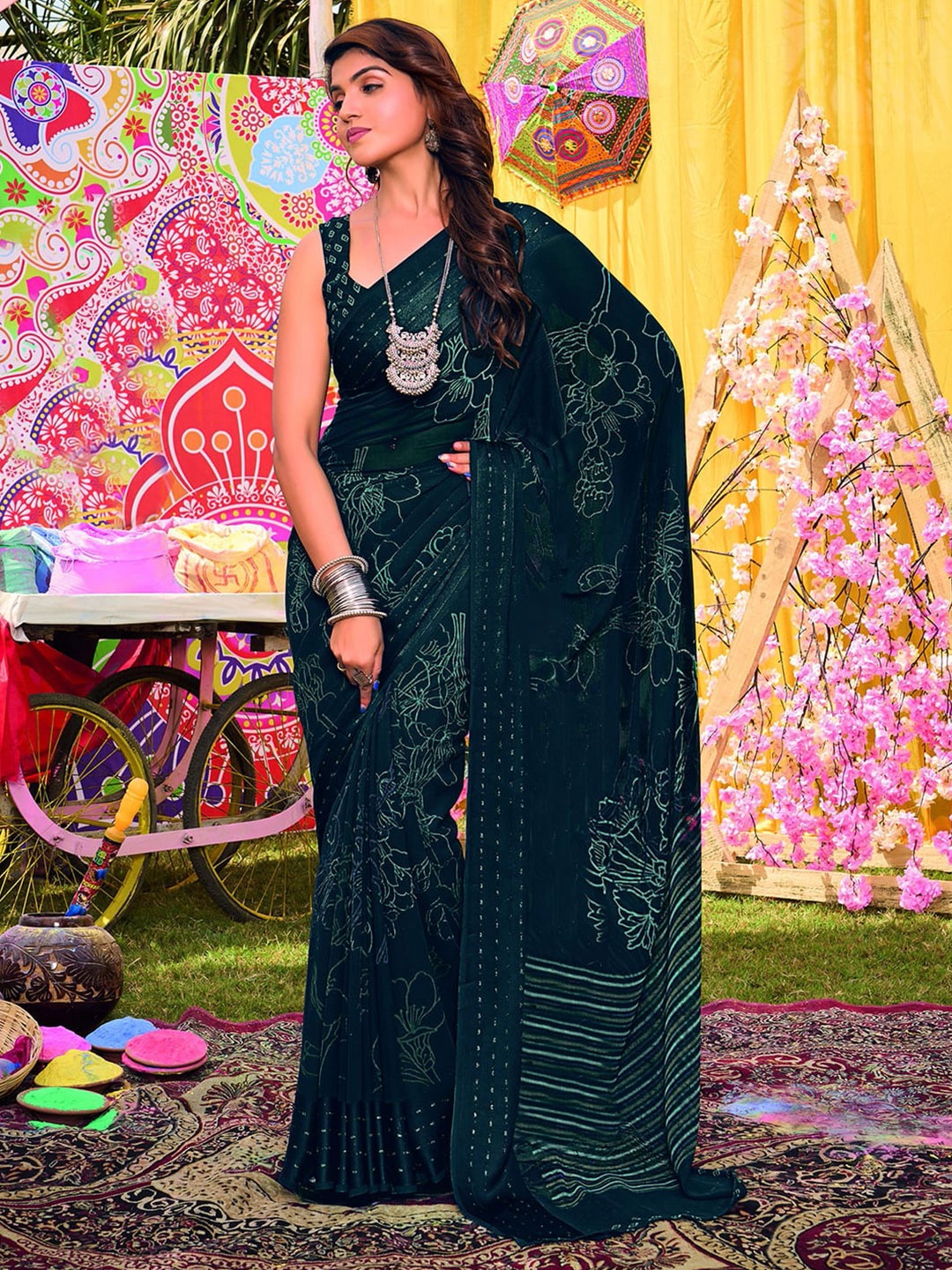 

Satrani Navy Blue Floral Printed Pure Georgette Leheriya Saree