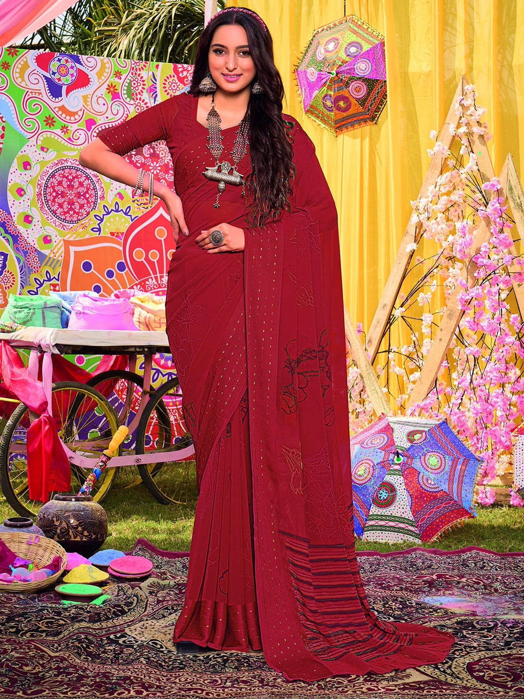 

Satrani Red Floral Printed Zari Pure Georgette Leheriya Saree