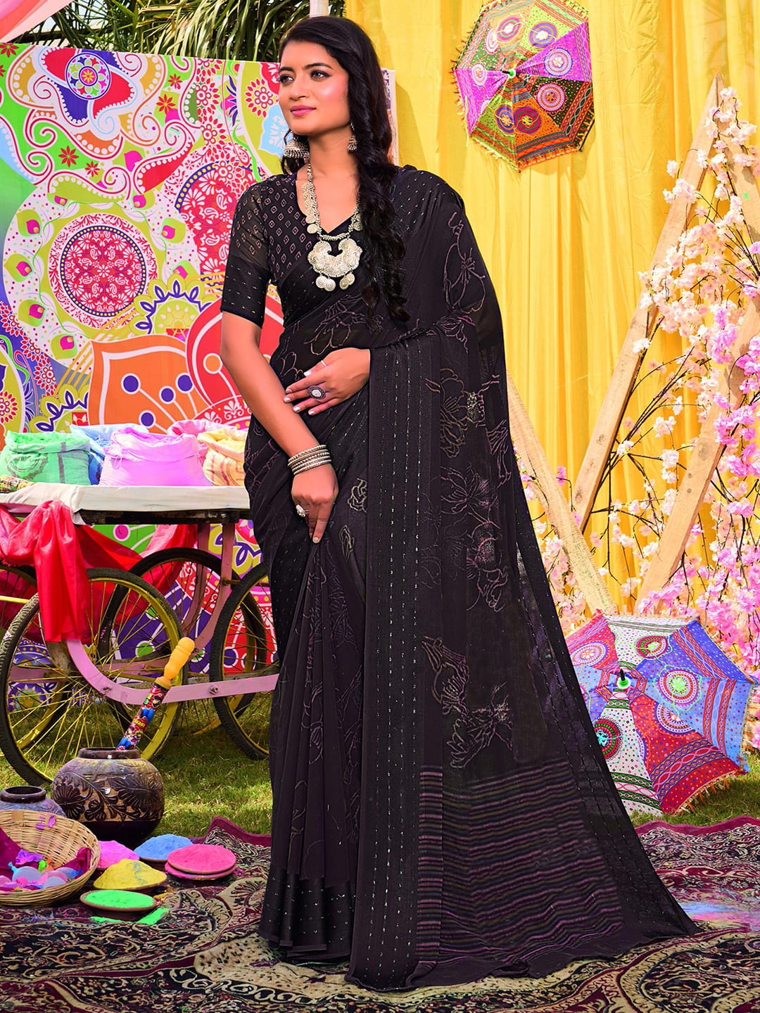 

Satrani Floral Pure Georgette Fusion Leheriya Saree, Purple