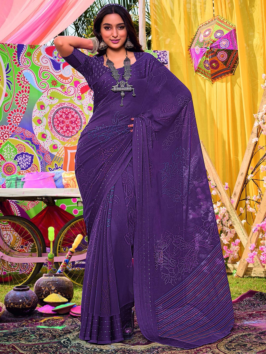 

Satrani Purple Floral Printed Pure Georgette Leheriya Saree