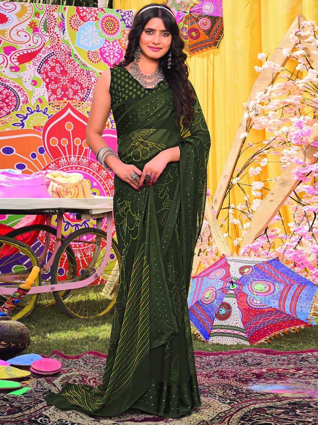 

Satrani Striped Zari Pure Georgette Leheriya Saree, Green