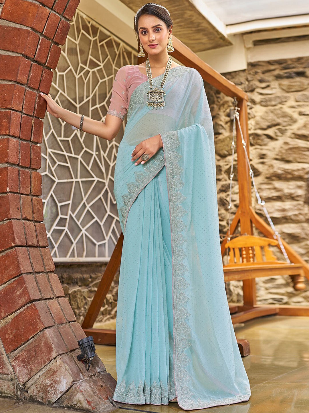 

Satrani Blue Embellished Beads Stones Pure Georgette Saree, Turquoise blue