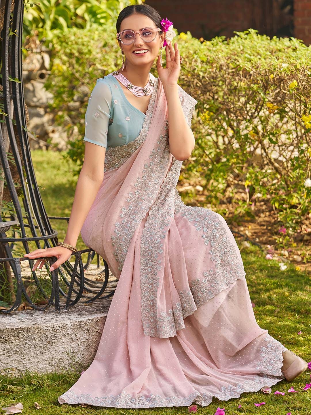 

Satrani Pink Embellished Beads Stones Pure Georgette Saree