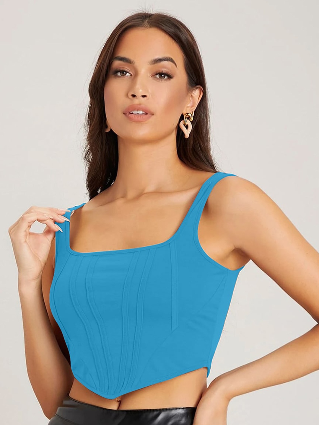 

AUSK Vertical Striped Square Neck Sleeveless Fitted Crop Top, Blue