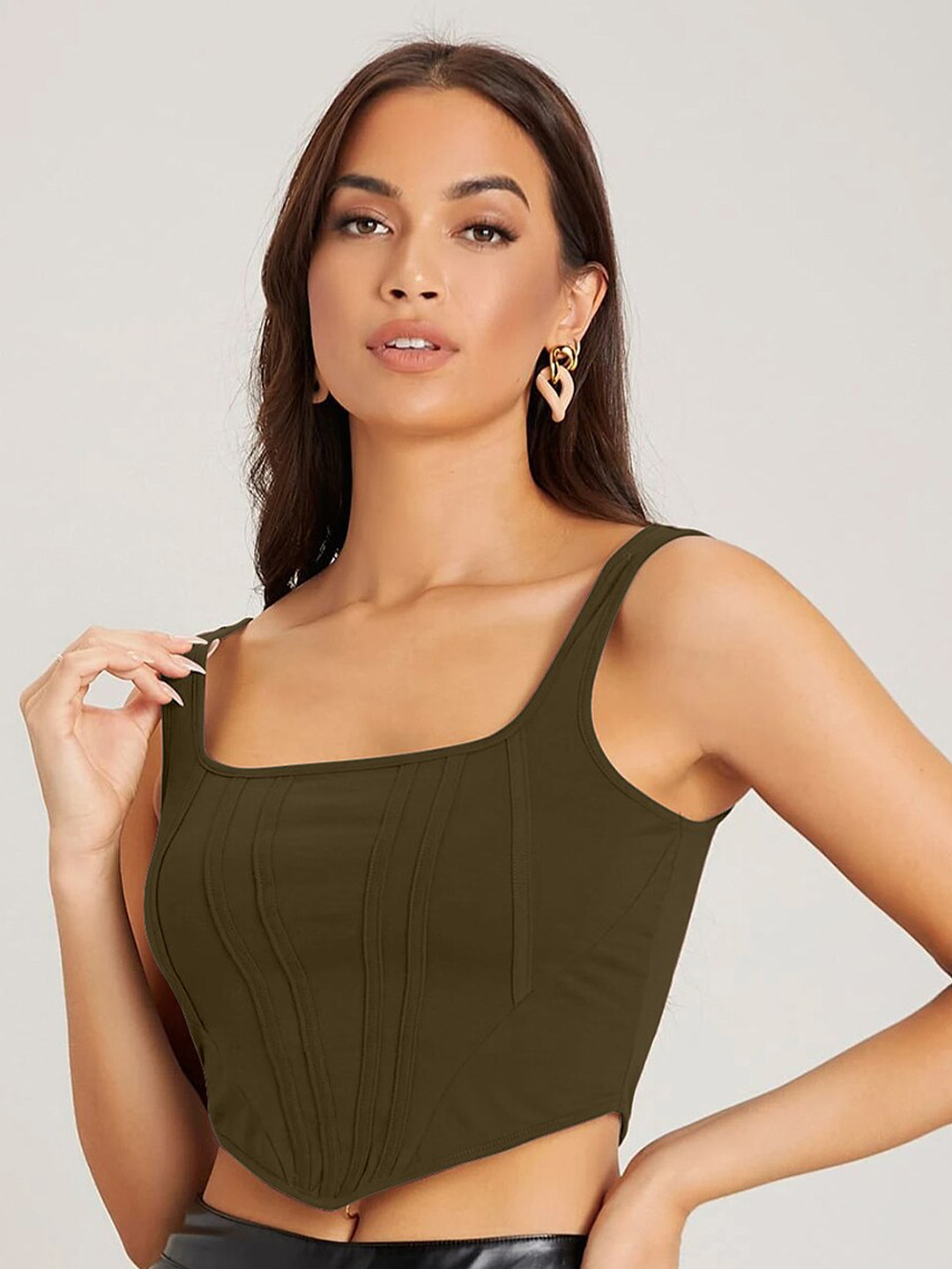 

AUSK Vertical Striped Square Neck Sleeveless Fitted Crop Top, Olive