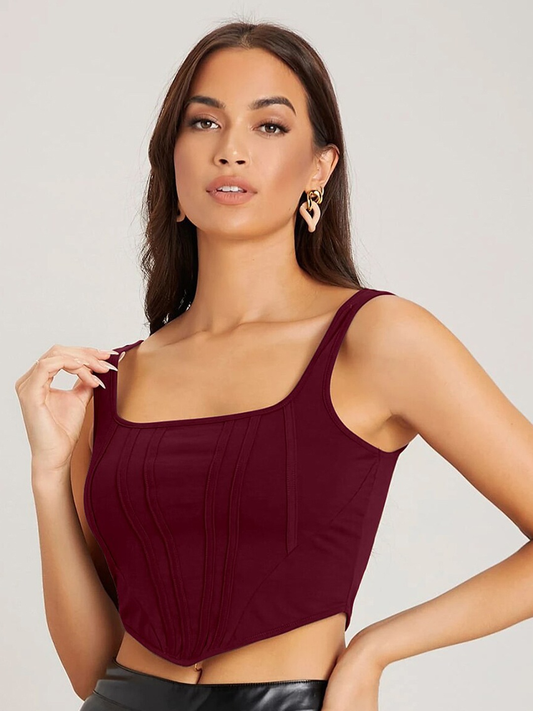 

AUSK Vertical Striped Square Neck Sleeveless Fitted Crop Top, Maroon