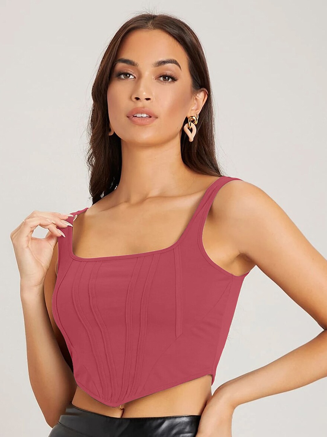 

AUSK Vertical Striped Square Neck Sleeveless Fitted Crop Top, Peach