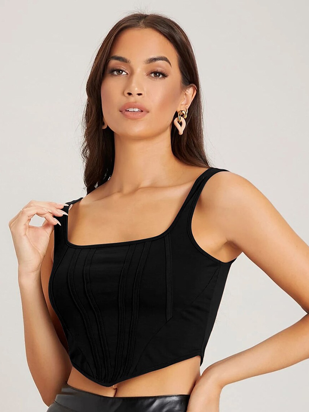 

AUSK Vertical Striped Square Neck Sleeveless Fitted Crop Top, Black