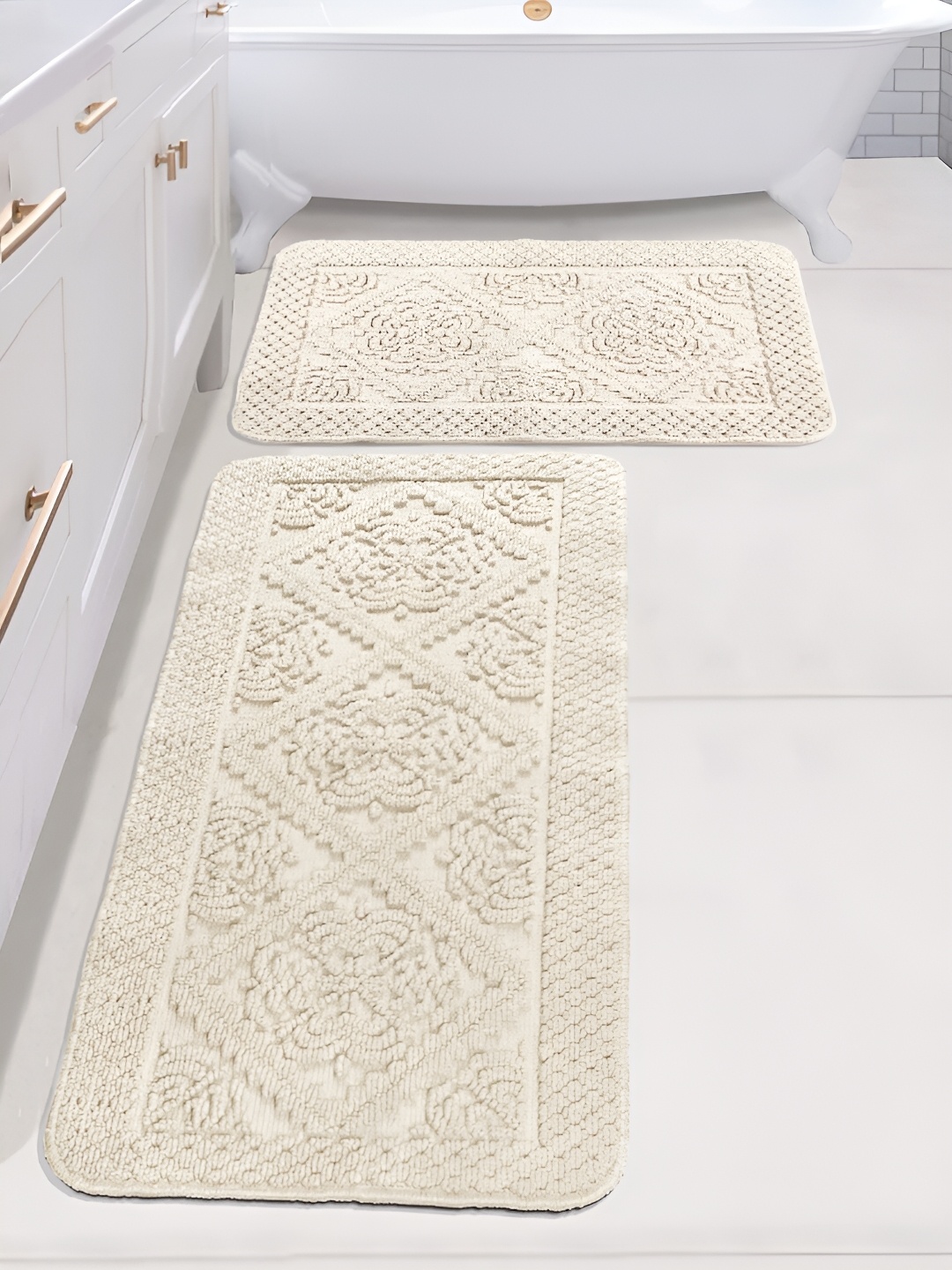 

Saral Home Off White 2 Pieces Textured 1902 GSM Cotton Antiskid Bath Mat & Runner