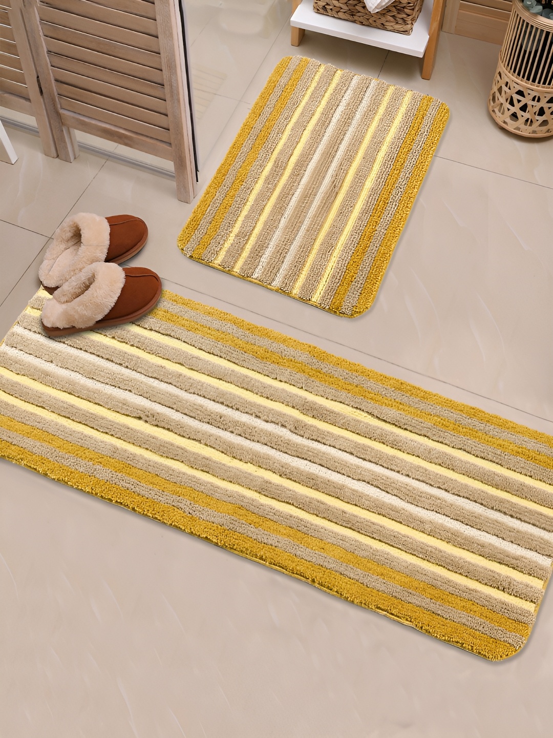 

Saral Home Yellow 2 Pieces Striped 650 GSM Antiskid Bath Mat & Runner