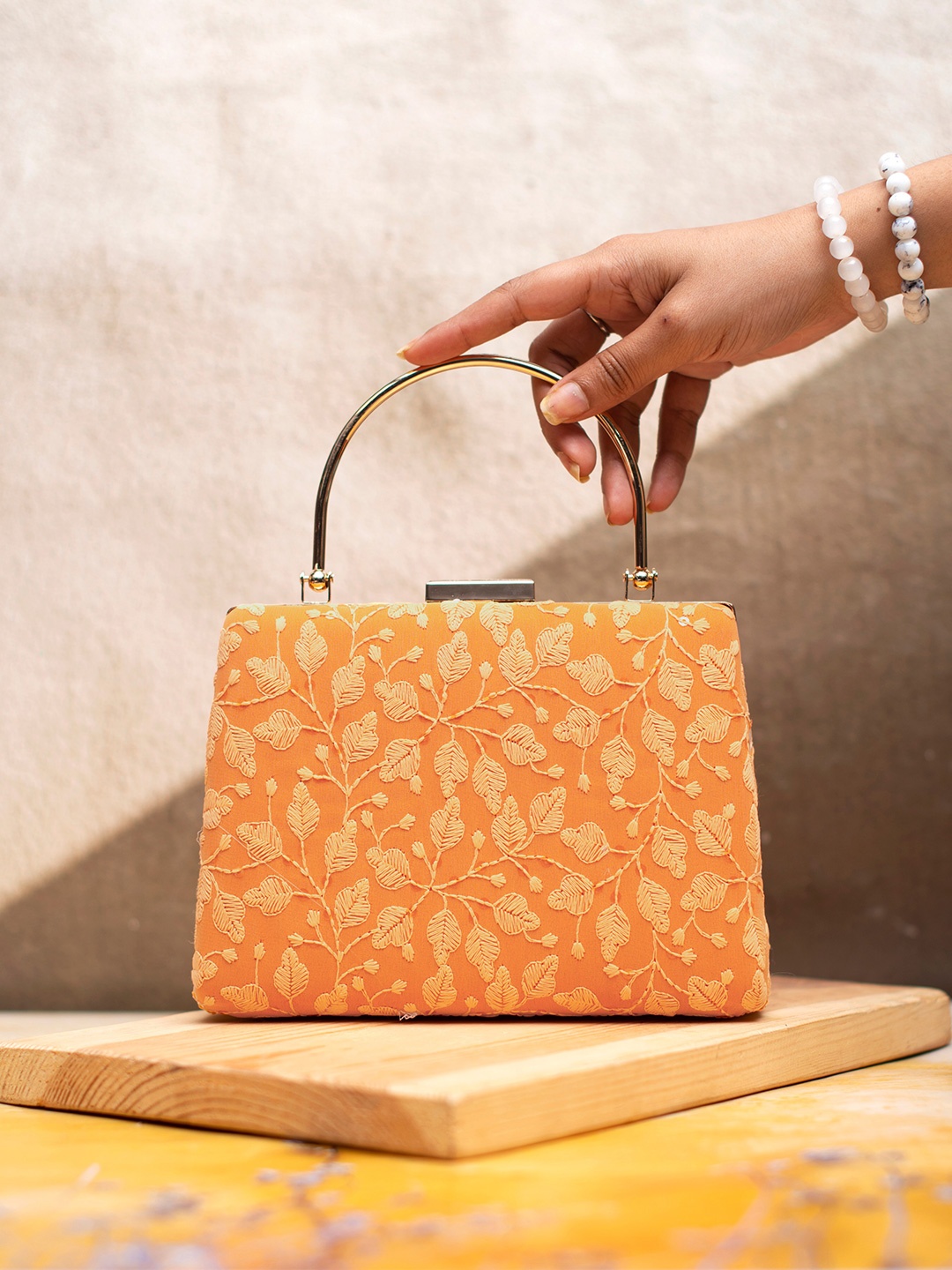 

ARTKLIM Chikankari Embroidered Box Clutch, Orange