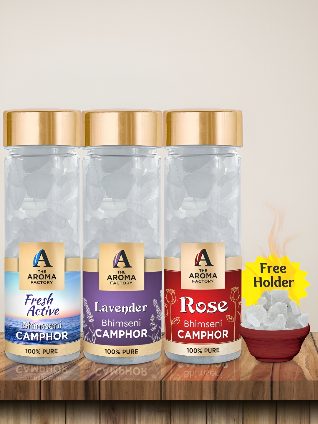 

The Aroma Factory White 3 Pcs Fresh Active, Lavender & Rose Bhimseni Pooja Camphor