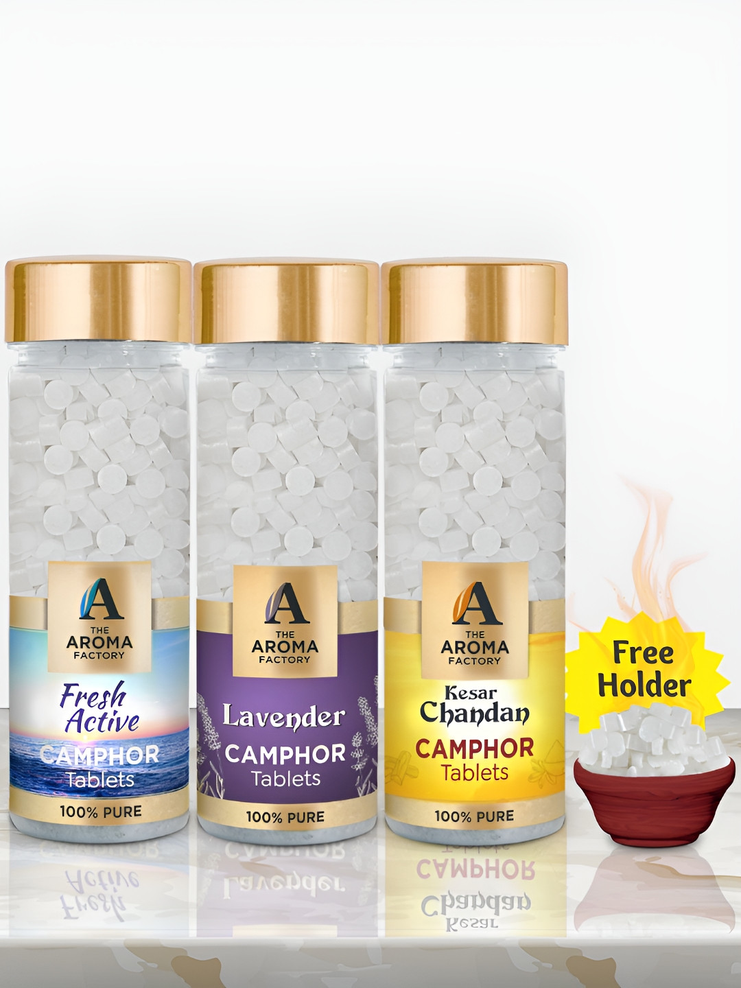 

The Aroma Factory 3 Pieces White Fresh Active, Lavender & Kesar Chandan Scented Camphors