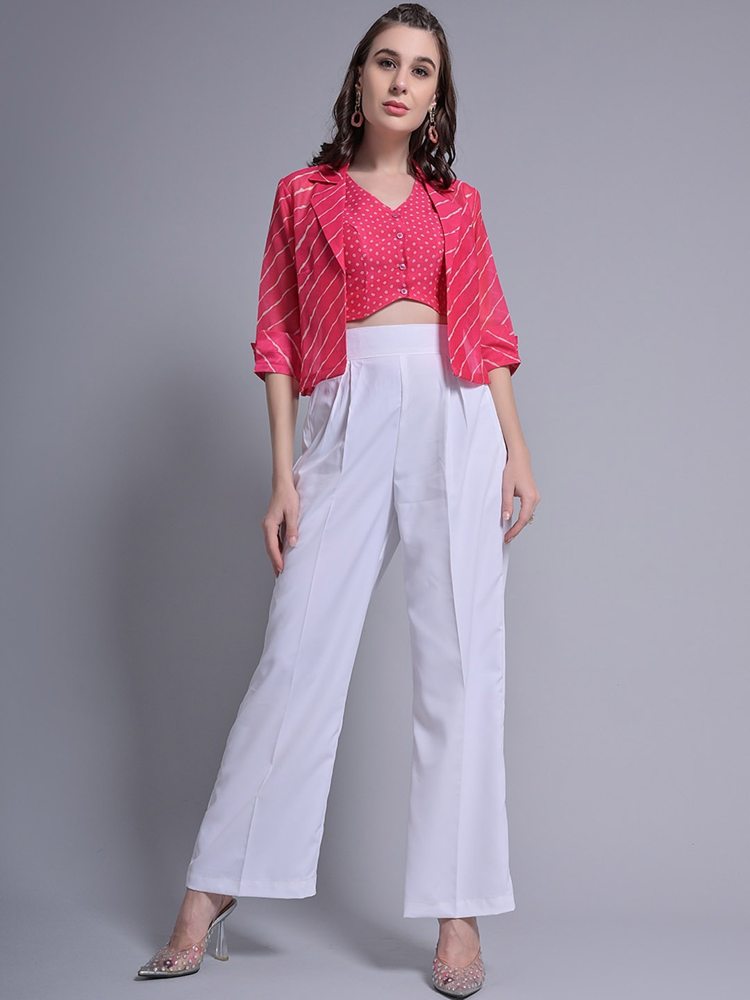 

GARDEN PARTY Printed Pure Cotton Crop Top With Shrug & Trousers, Pink