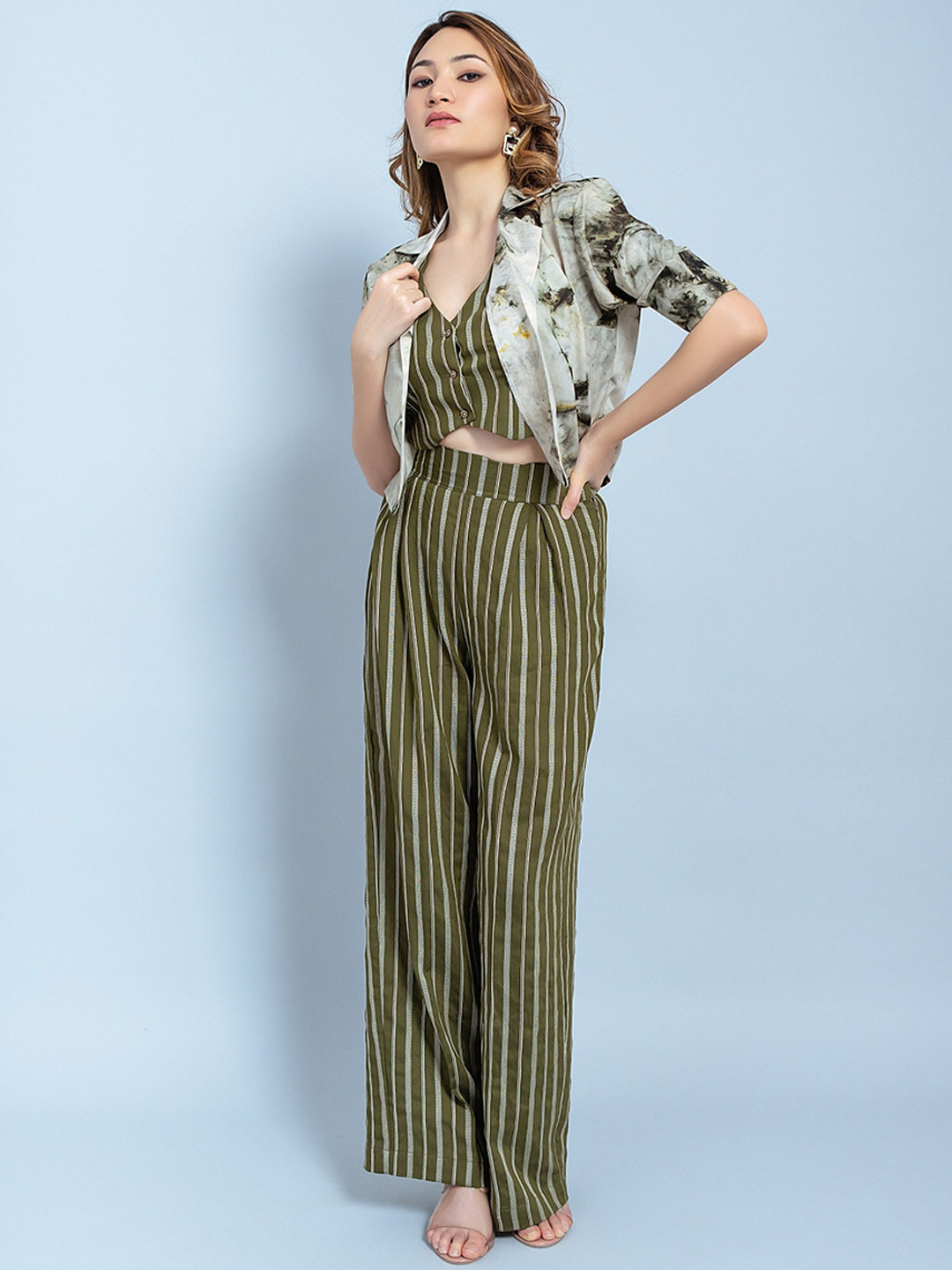 

GARDEN PARTY Striped Pure Cotton Relaxed-Fit Top With Trousers & Waistcoat, Green