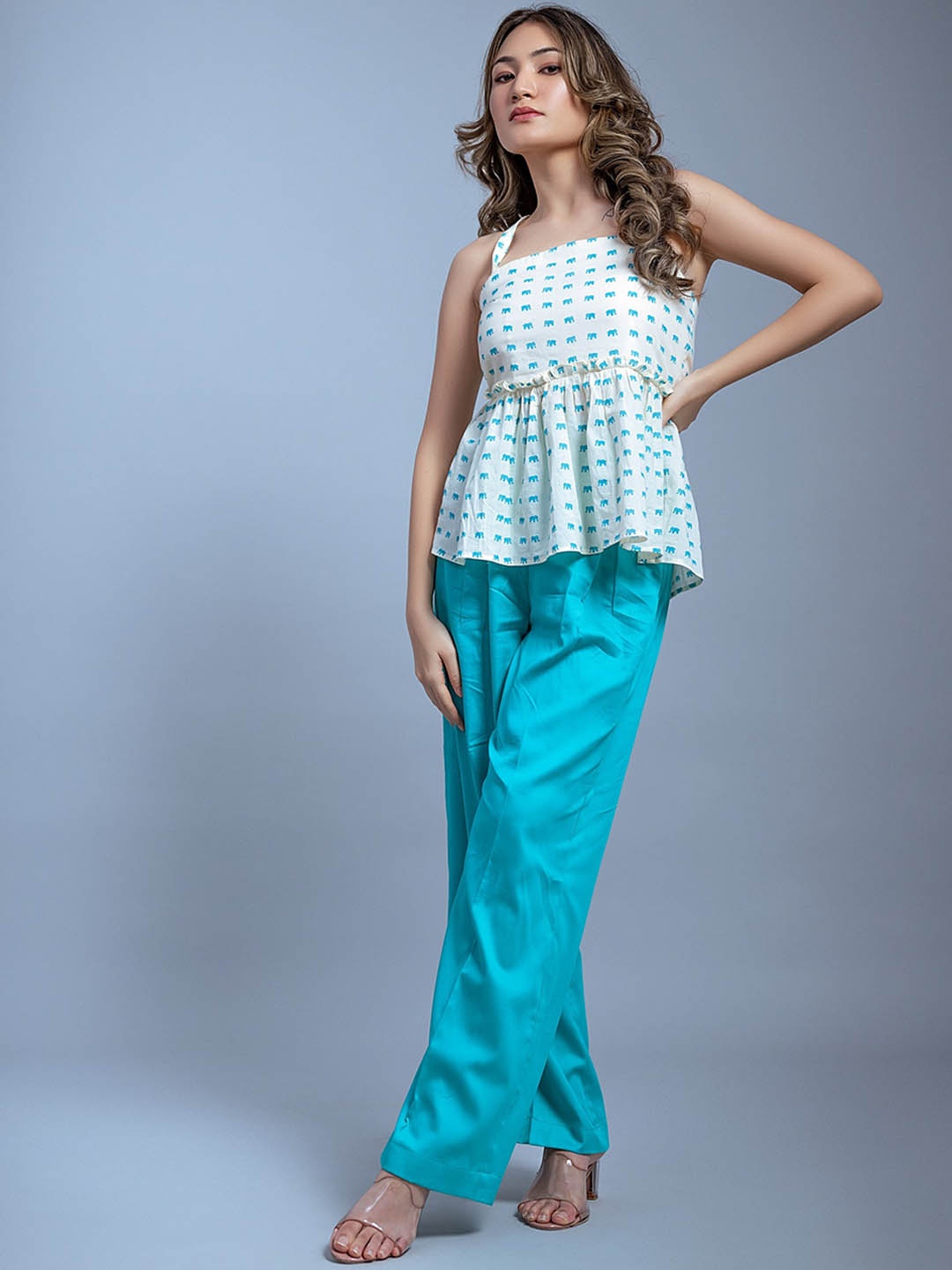 

GARDEN PARTY Printed Pure Cotton Top With Trouser, Blue